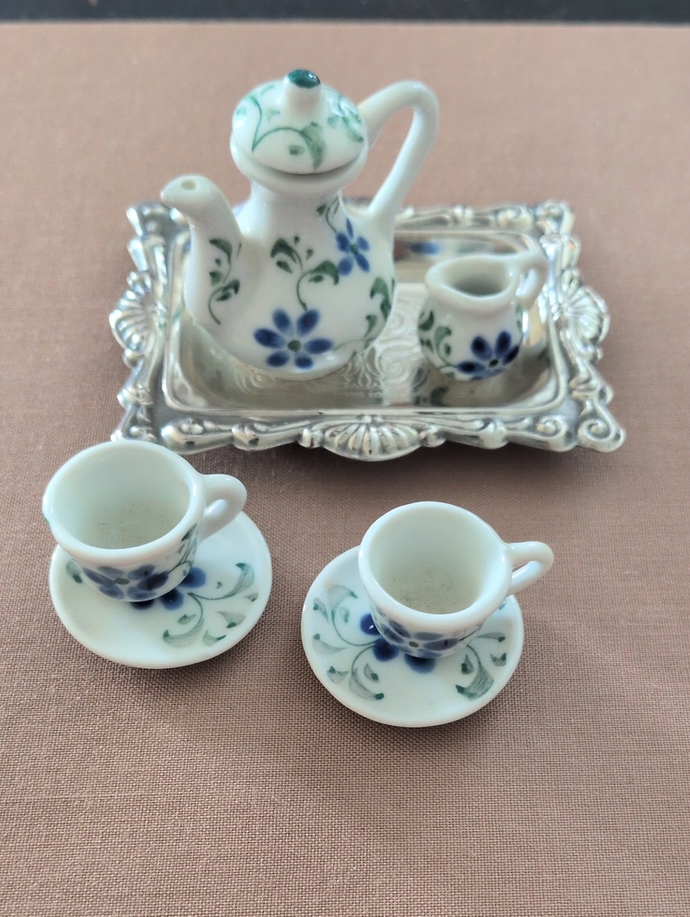 Miniature Porcelain Tea Set with Silver Plated Tray